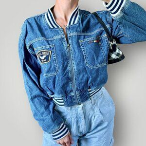 Vintage Y2K DKNY Jeans Denim Varsity Flight Bomber Jacket Womens Oversized Retro